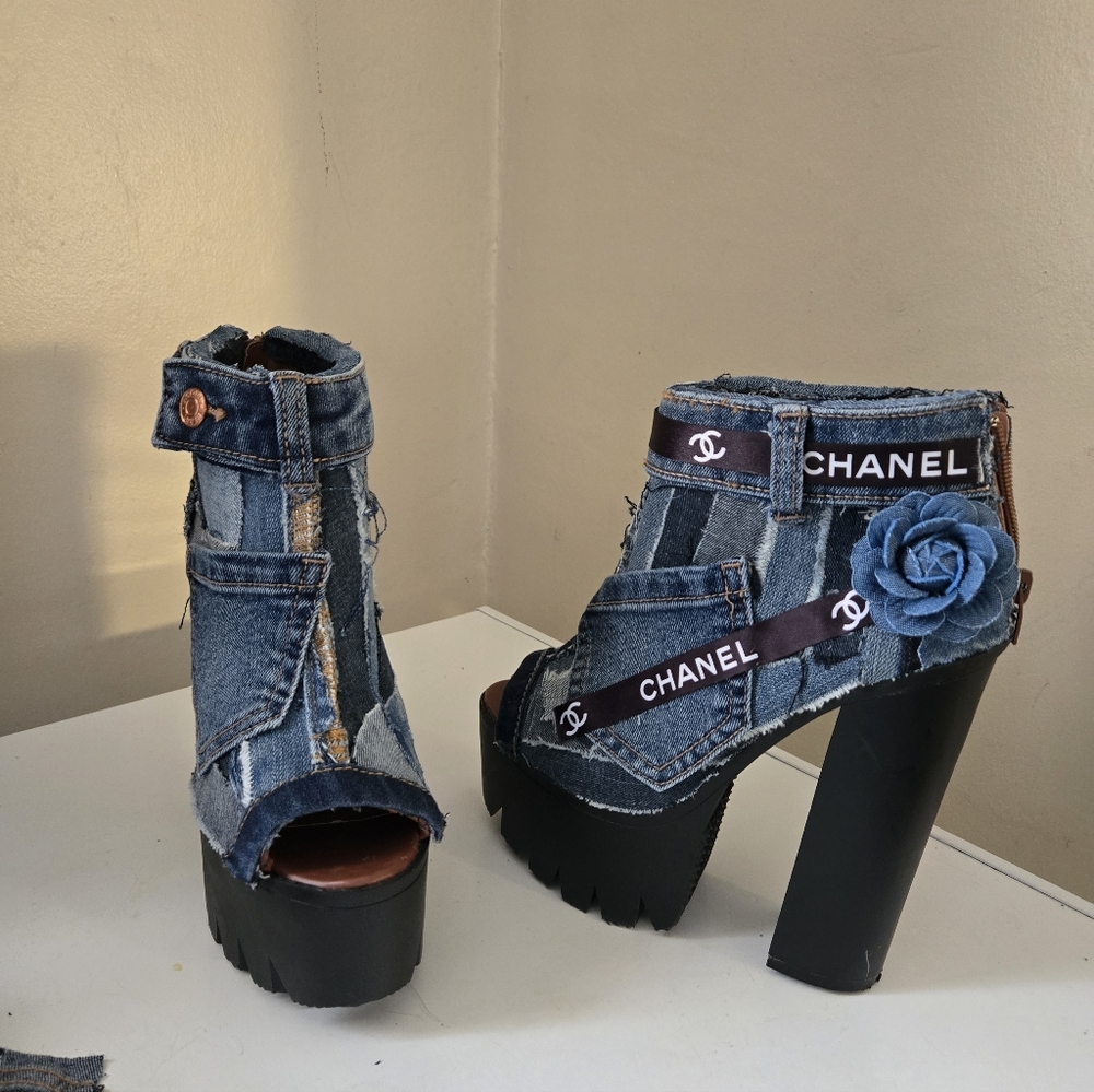 Upcycled Denim Camellia Platform Ankle Boots - Blue - Picture 4 of 6